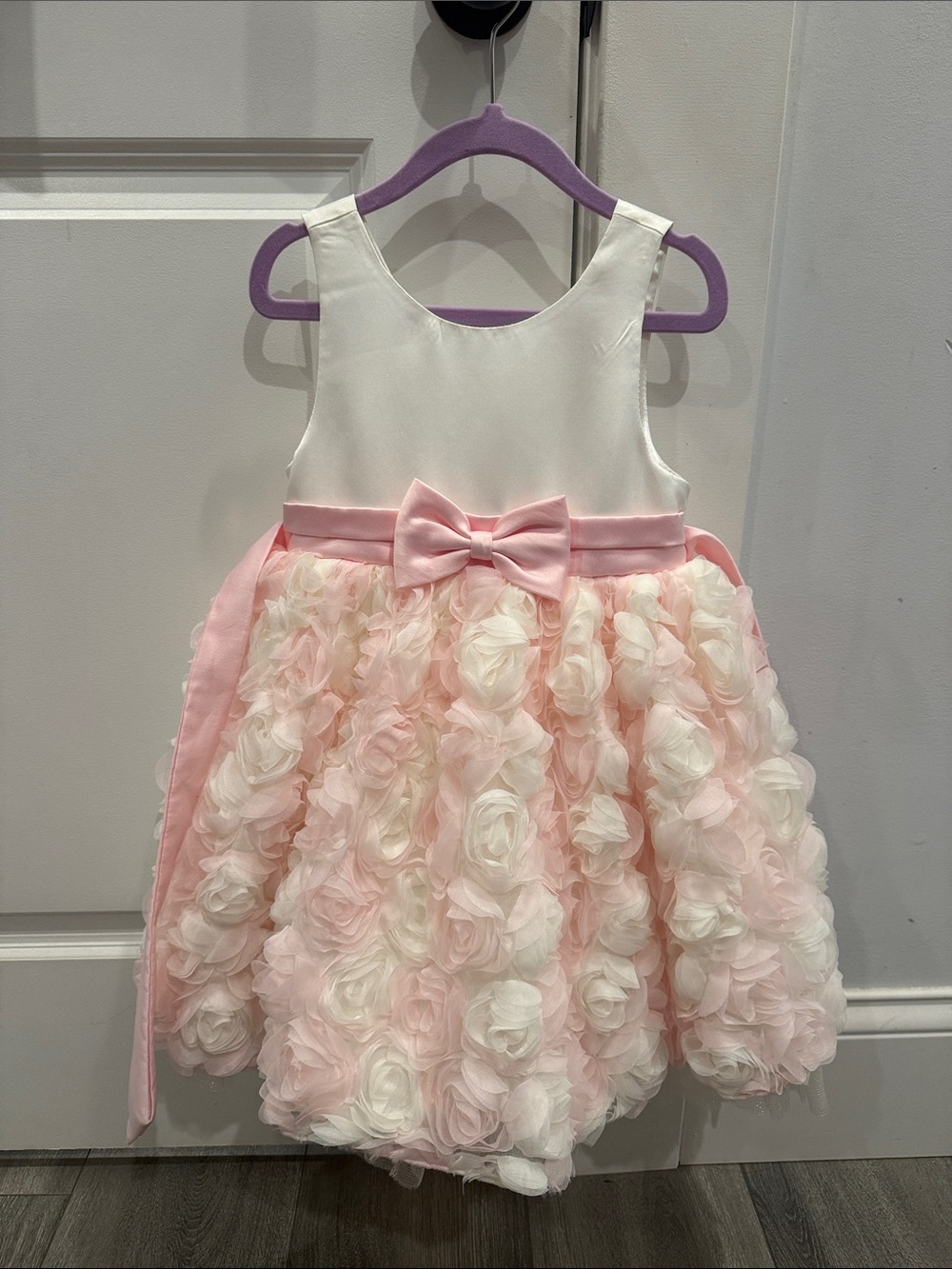 Pink & White Rosette Flower Girl Dress with Bow